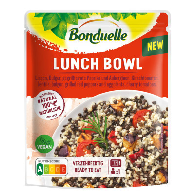 Bonduelle Lunch Bowl Linsen, Bulgur, gegrillte rote Paprika, Auberginen und Kirschtomaten 250G 