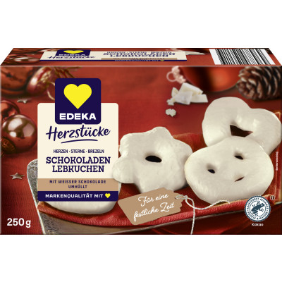 EDEKA Herzstücke Schokoladenlebkuchen weiß Herzen Sterne Brezeln 250G 