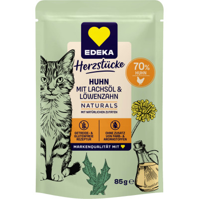 EDEKA Herzstücke Naturals Huhn mit Lachsöl & Löwenzahn für Katzen 85G 