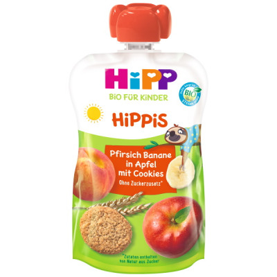 Hipp Bio Hippis Pfirsich-Banane in Apfel mit Cookies ab 1 Jahr 100G MHD 16.10.2025 