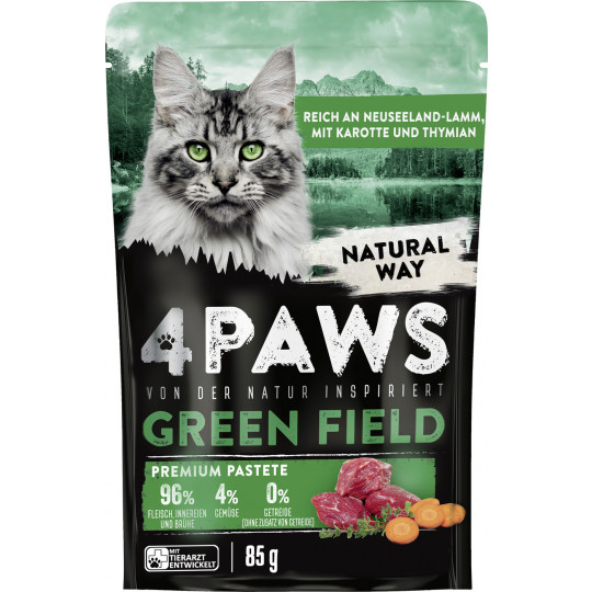 4 Paws Green Field Premium Pastete Neuseelandlamm, Karotte & Thymian 85G 