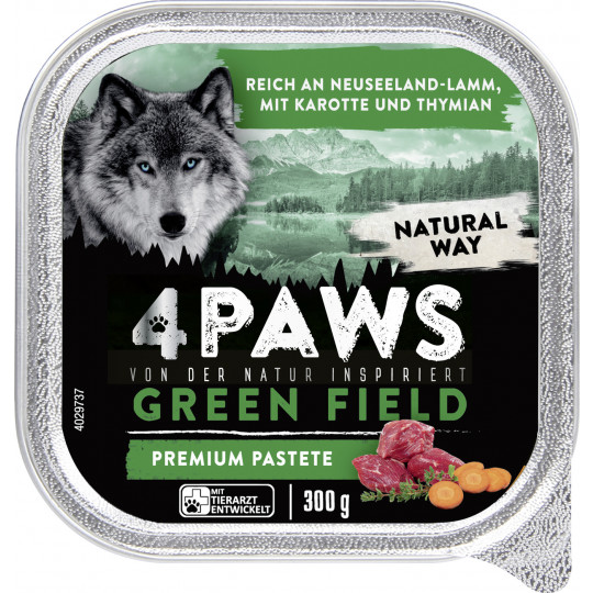 4 Paws Green Field Premium Pastete Neuseelandlamm, Karotte & Thymian 300G 