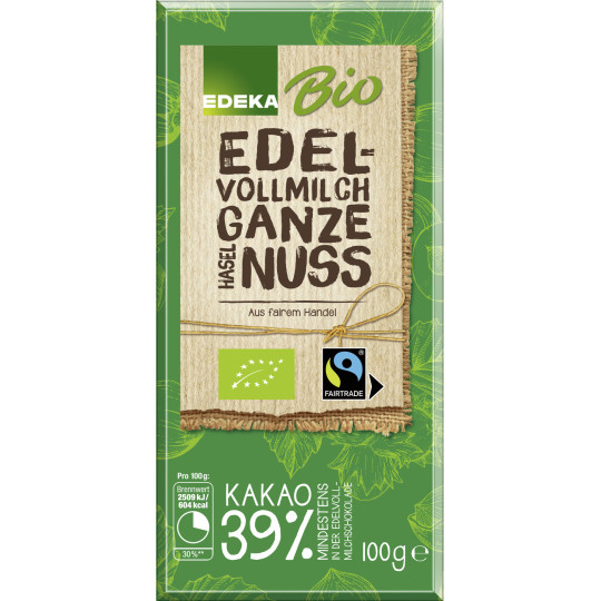 EDEKA Bio Edel-Vollmilch Schokolade ganze Haseluss 100G