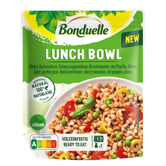 Bonduelle Lunch Bowl Dinkel, Gartenerbsen, Schwarzaugenbohnen, Kirschtomaten, rote Paprika und Oliven 250G 