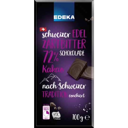EDEKA Schweizer Edel Zartbitter Schokolade 72% Kakao 100G 