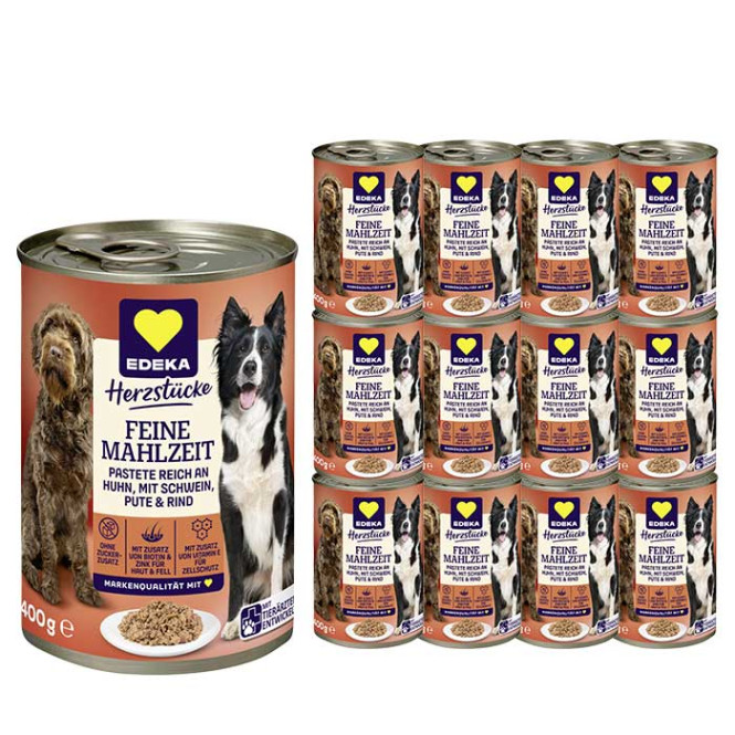 EDEKA24 | EDEKA Feine Mahlzeit Hund Reich an Huhn mit Schwein, Pute & Rind  12x400G