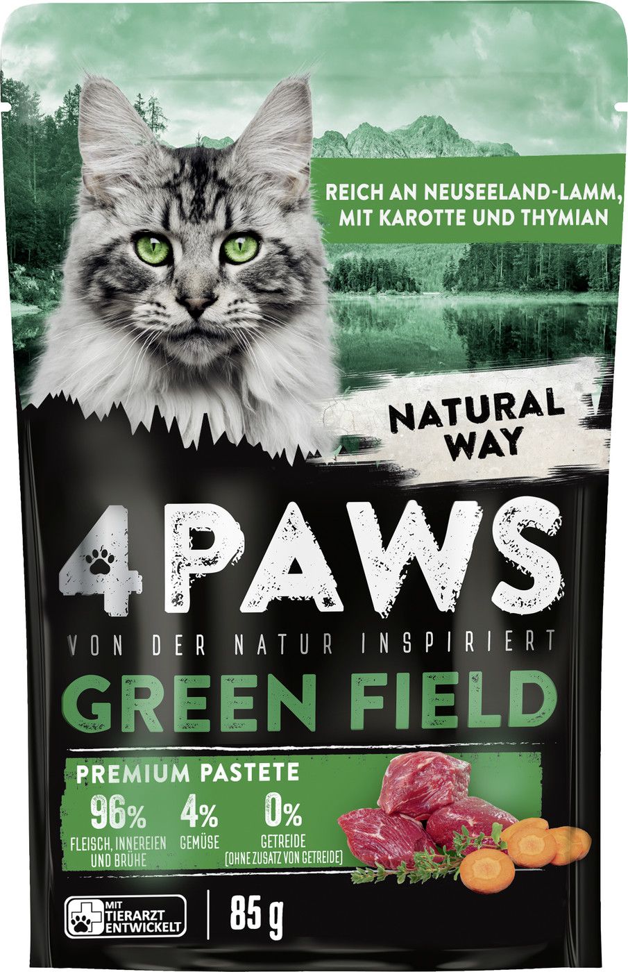 4Paws Green Field Premium Pastete Neuseelandlamm, Karotte & Thymian 85G