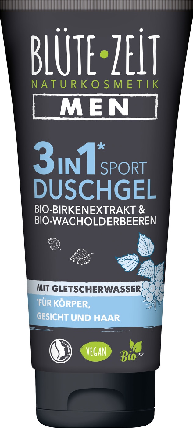 Blüte-Zeit Men 3in1 Sport Duschgel mit Bio-Birkenextrakt & Bio-Wacholderbeere mit Gletscherwasser 200ML