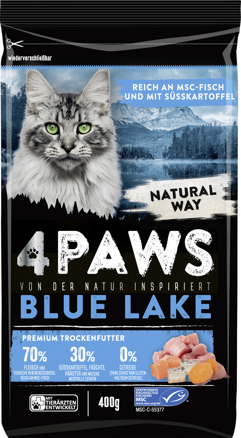 4Paws Blue Lake Premium Trockenfutter reich an MSC Fisch mit Süsskartoffel 400G